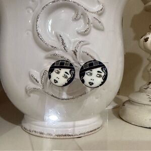 Art Deco Black and White Flapper Girl Button Earrings